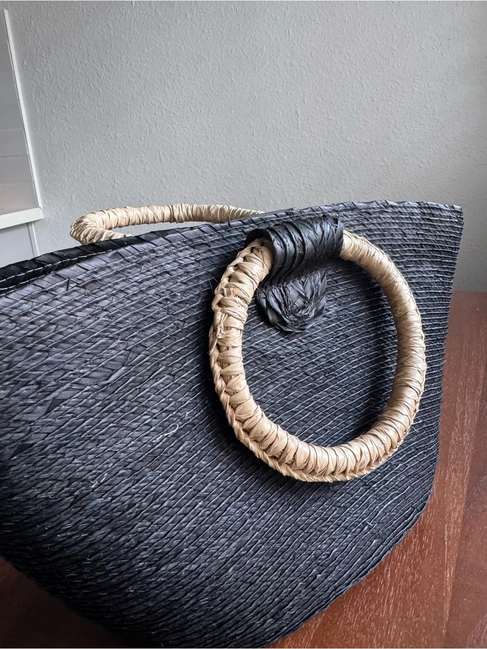 Black Woven Tote with Natural Ring Handles